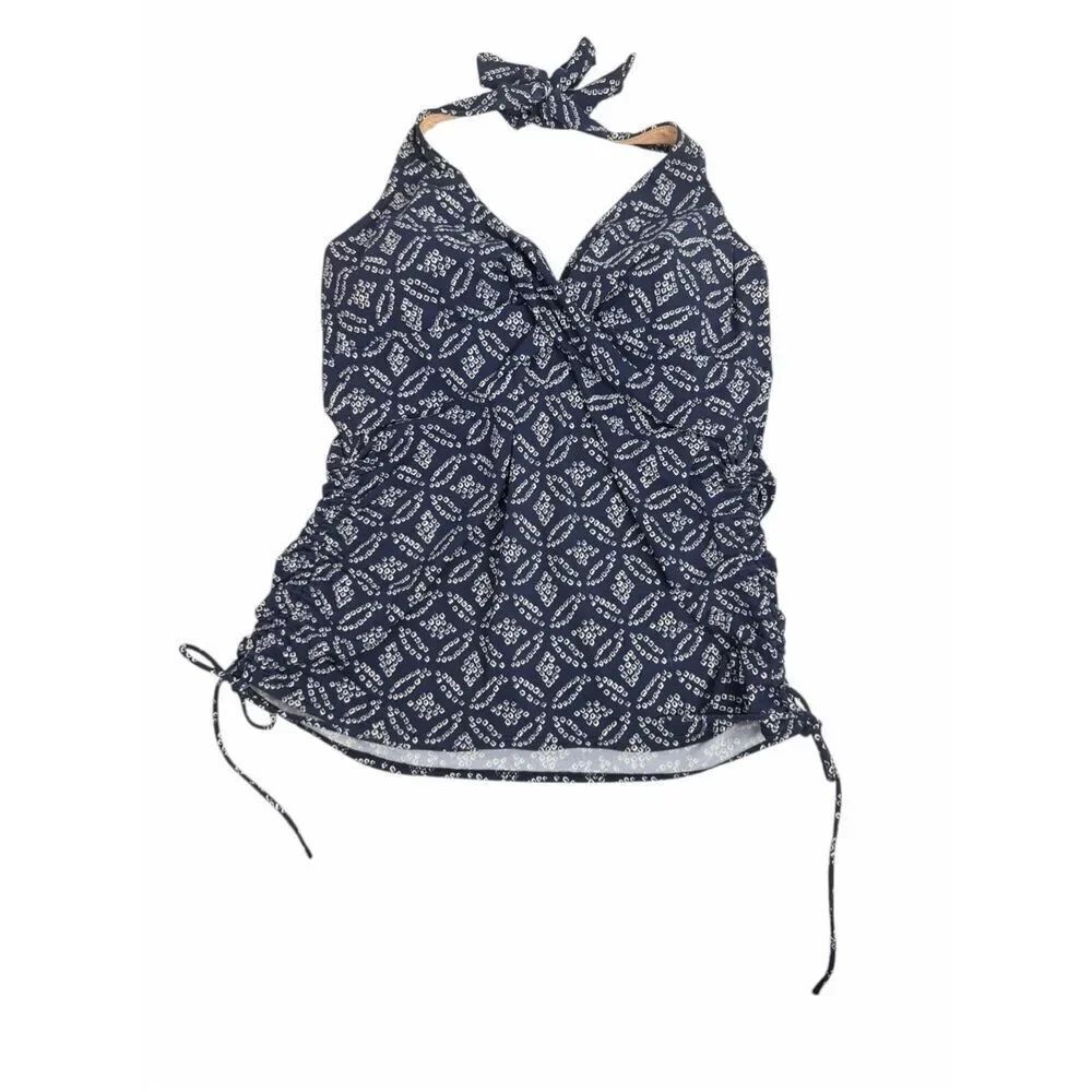 Lands End Womens 12P Blue White Tankini Top Ruched side Tie